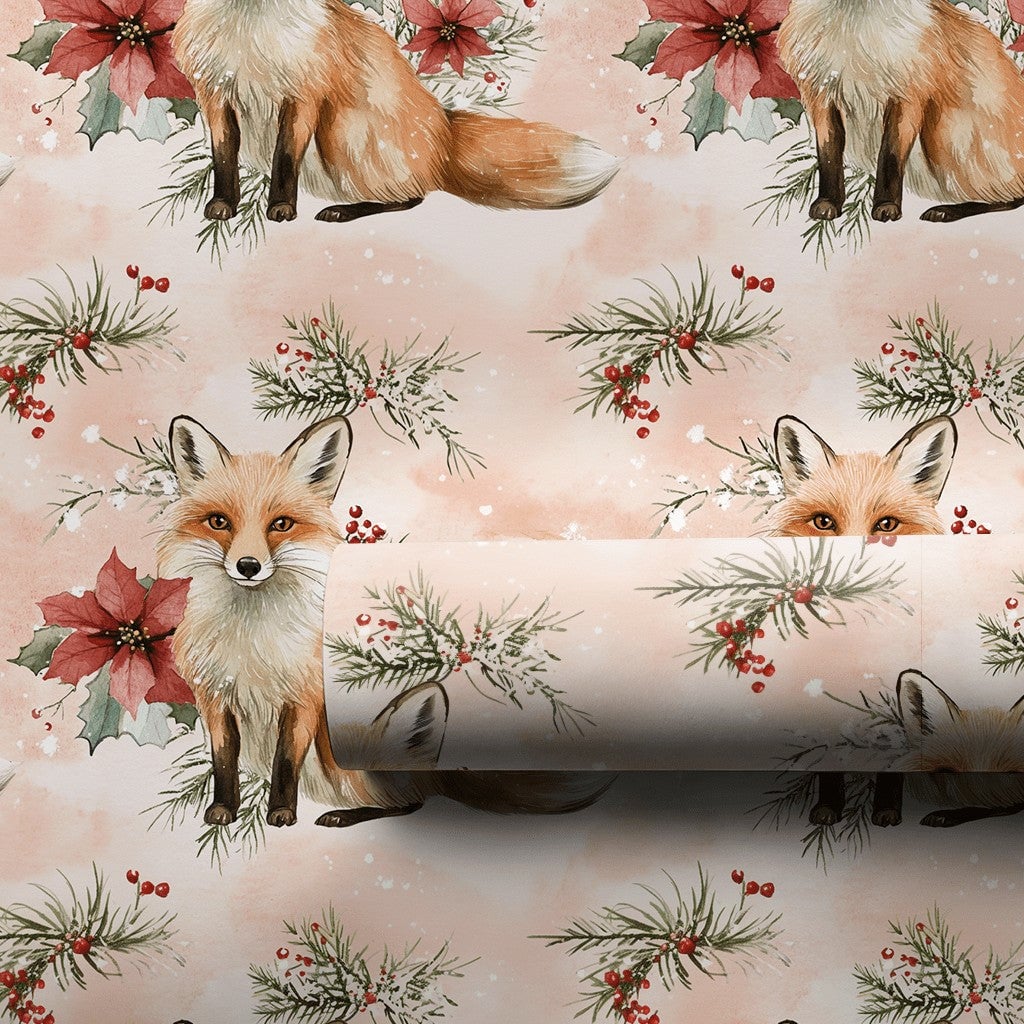 Watercolor Poinsettia Gift Wrap, Winter Fox Wrapping Paper, Woodland Red Fox Wrapping Paper, Christmas Holiday Floral Gift Wr