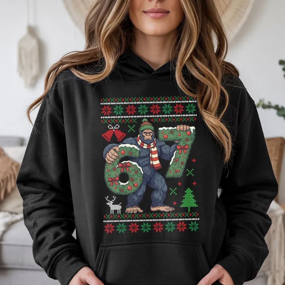 Sasquatch Ugly Xmas Hoodie, Humorous Bigfoot Christmas Hoodie, Retro Sasquatch Holiday Sweatshirt, Winter Christmas Hoodie, B