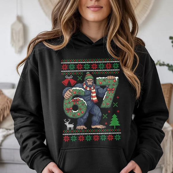 Sasquatch Ugly Xmas Hoodie, Humorous Bigfoot Christmas Hoodie, Retro Sasquatch Holiday Sweatshirt, Winter Christmas Hoodie, B