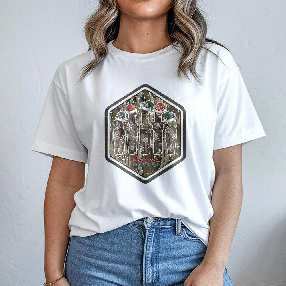 Camo Hunting Holiday Graphic Tee, Christmas Duck Call T-Shirt, Humorous Hunter Dad Xmas Shirt, Mallard Waterfowl Hunting Seas