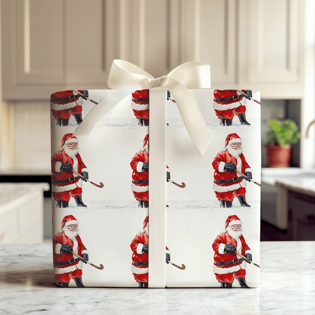Sports Christmas Gift Wrap, Hockey Santa Wrapping Paper, Humorous Santa Claus Wrapping Paper, Ice Hockey Fan Holiday Gift Wra