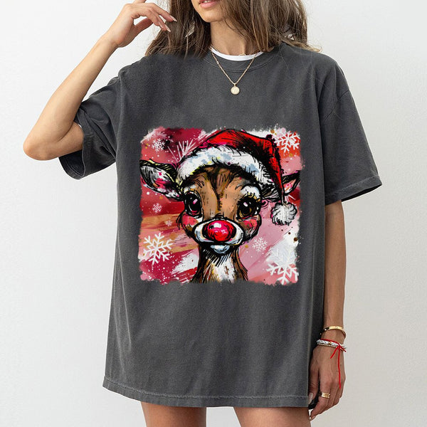 Santa Hat Holiday Graphic Tee, Adorable Reindeer Christmas Shirt, Festive Reindeer T-Shirt, Winter Holiday Reindeer Tee, Xmas