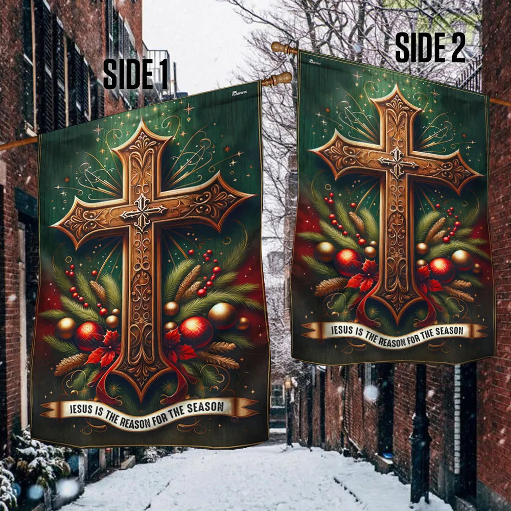 Ornate Cross Yard Flag, Jesus Is the Reason for the Season Christmas Garden Flag, Double-Sided Christian Holiday Lawn Flag