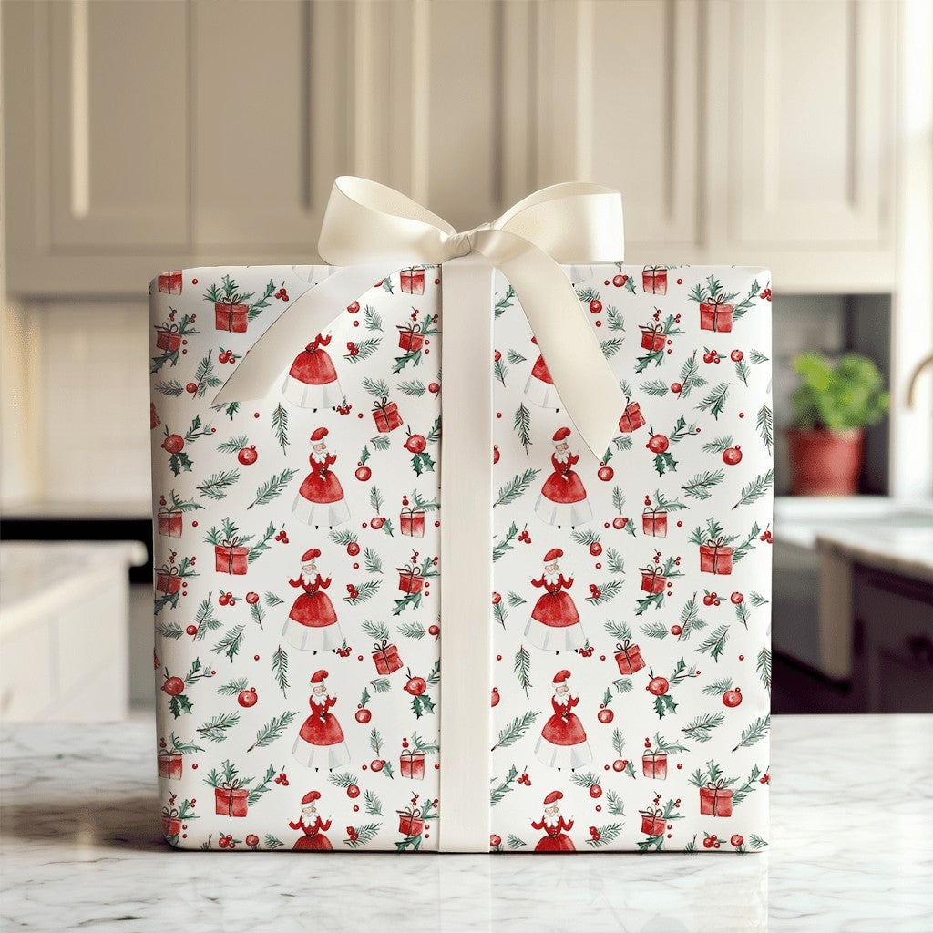 Vintage Christmas Gift Wrap, Mrs Claus Wrapping Paper, Watercolor Holiday Wrapping Paper, Retro Mrs Claus Gift Wrap, Xmas Pre