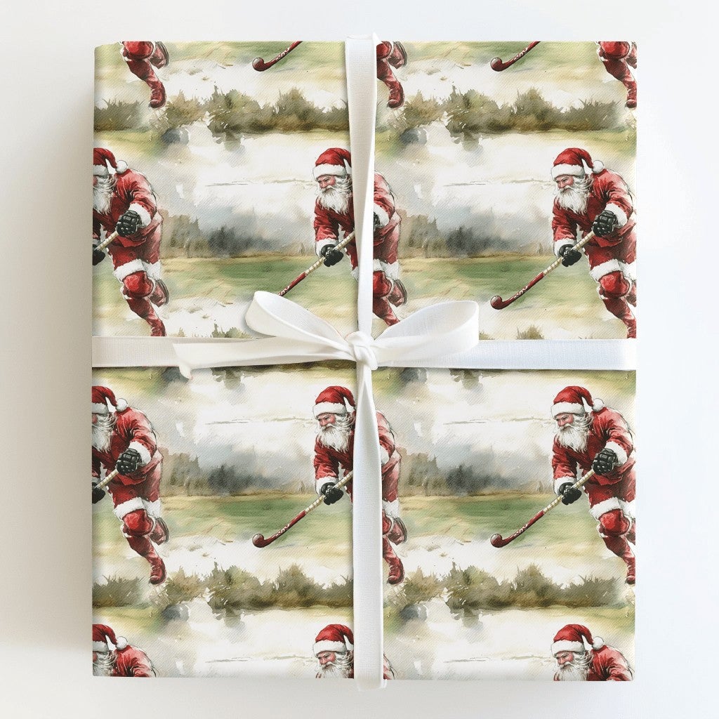 Ice Skating Santa Holiday Gift Wrap, Hockey Santa Christmas Wrapping Paper, Sports Christmas Wrapping Paper, Ice Hockey Playe