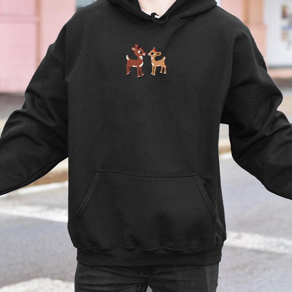 Minimalist Holiday Hooded Sweatshirt, Reindeer Couple Christmas Hoodie, Adorable Xmas Winter Pullover, Matching Couple Christ