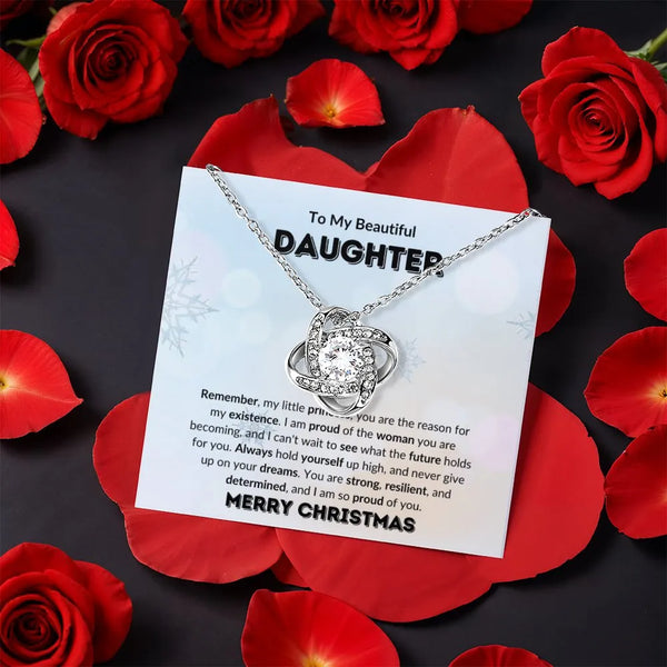 Christmas Present for Daughter, Daughter Love Knot Necklace, White Gold Love Knot Pendant, Message Card Jewelry, Keepsake Dau