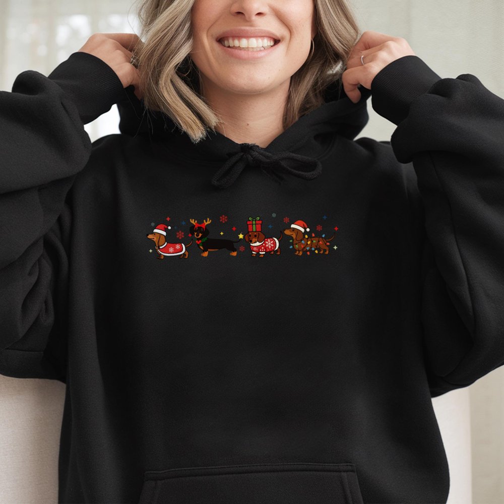 Humorous Wiener Dog Santa Hat Sweatshirt, Dachshund Christmas Hoodie, Holiday Doxie Lover Pullover, Adorable Festive Animal H