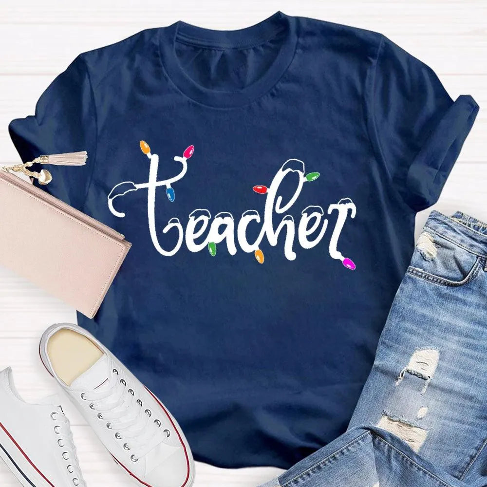 Adorable Holiday Educator Graphic Tee, Christmas Lights Snow Teacher T-Shirt, Festive Winter Teacher Shirt, Merry Christmas P