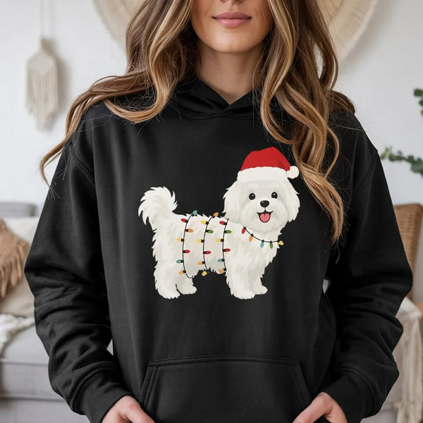 Santa Hat Puppy Graphic Hooded Sweatshirt, Maltese Dog Christmas Hoodie, Adorable Dog Lover Holiday Pullover, Festive Dog Mom