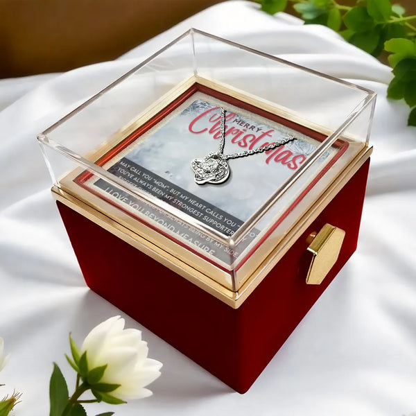 Mother Daughter Love Knot Necklace, Christmas Mom Love Knot Necklace, Rotating Rose Box Love Knot Jewelry, CZ Crystal Pendant