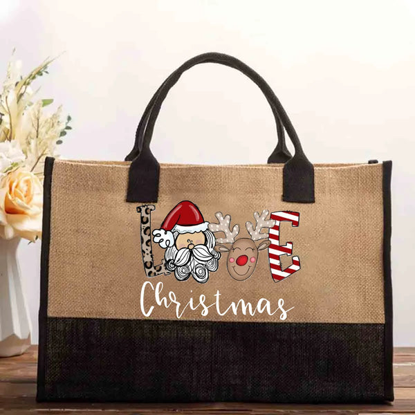 Festive Holiday Canvas Tote, Christmas Love Cotton Tote Bag, Winter Daily Shoulder Bag, Reusable Grocery Shopper, Xmas Presen