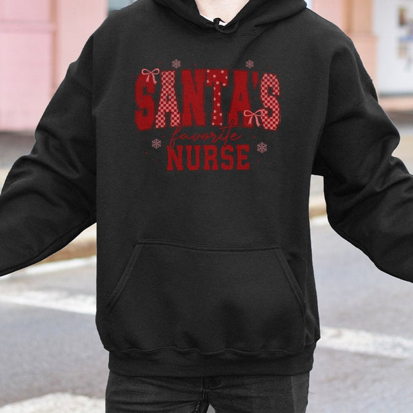 Plaid Nurse Christmas Sweatshirt, Santa's Favorite Nurse Hoodie, Humorous Nurse Holiday Pullover Hoodie, Xmas Healthcare Work