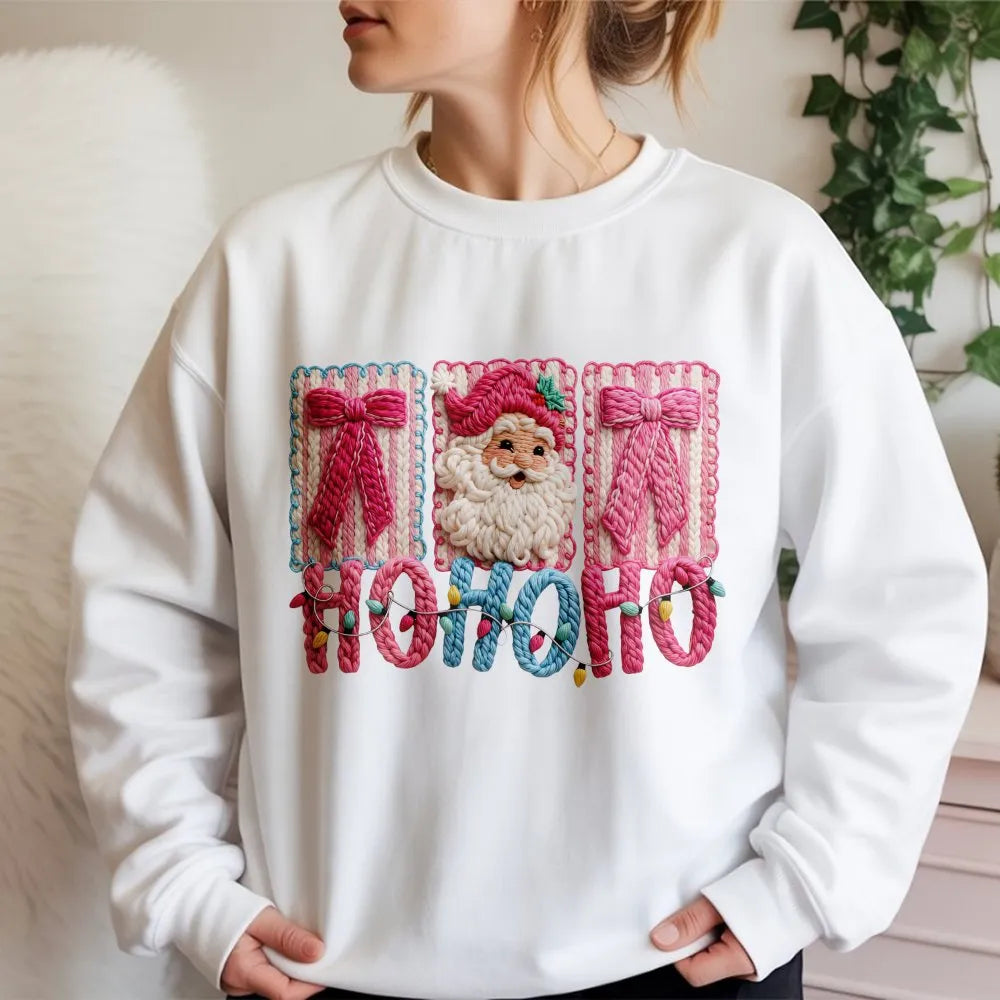 Faux Yarn Crochet Effect Crewneck, Santa Claus Christmas Sweatshirt, Retro Holiday Graphic Sweater, Comfy Winter Xmas Apparel