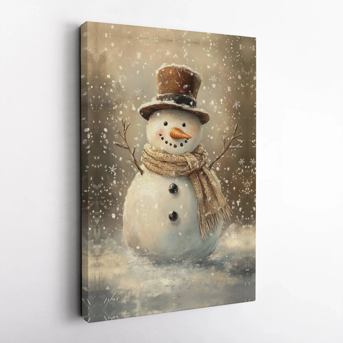 Winter Holiday Painting Canvas Print, Vintage Snowman Canvas Wall Art, Christmas Snowman with Top Hat Wall Decor, Rustic Holi