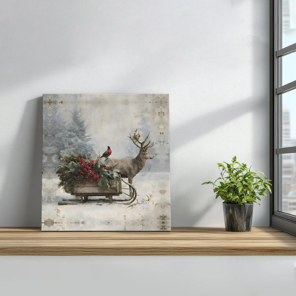 Rustic Christmas Sleigh Canvas, Winter Deer Square Canvas Wall Art, Bullfinch Berry Farmhouse Wall Art, Holiday Nature Canvas