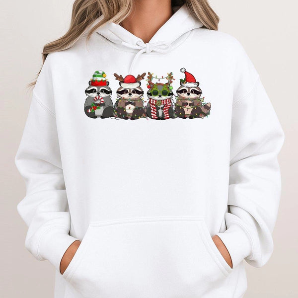Adorable Holiday Wildlife Raccoon Hoodie, Christmas Raccoon Hoodie, Animal Lover Xmas Hooded Sweatshirt, Festive Winter Racco