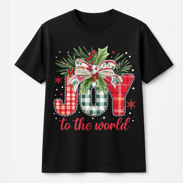 Plaid Festive Holiday Graphic Tee, Joy to the World Christmas T-Shirt, Christian Faith Xmas Shirt, Joyful Religious Holiday T