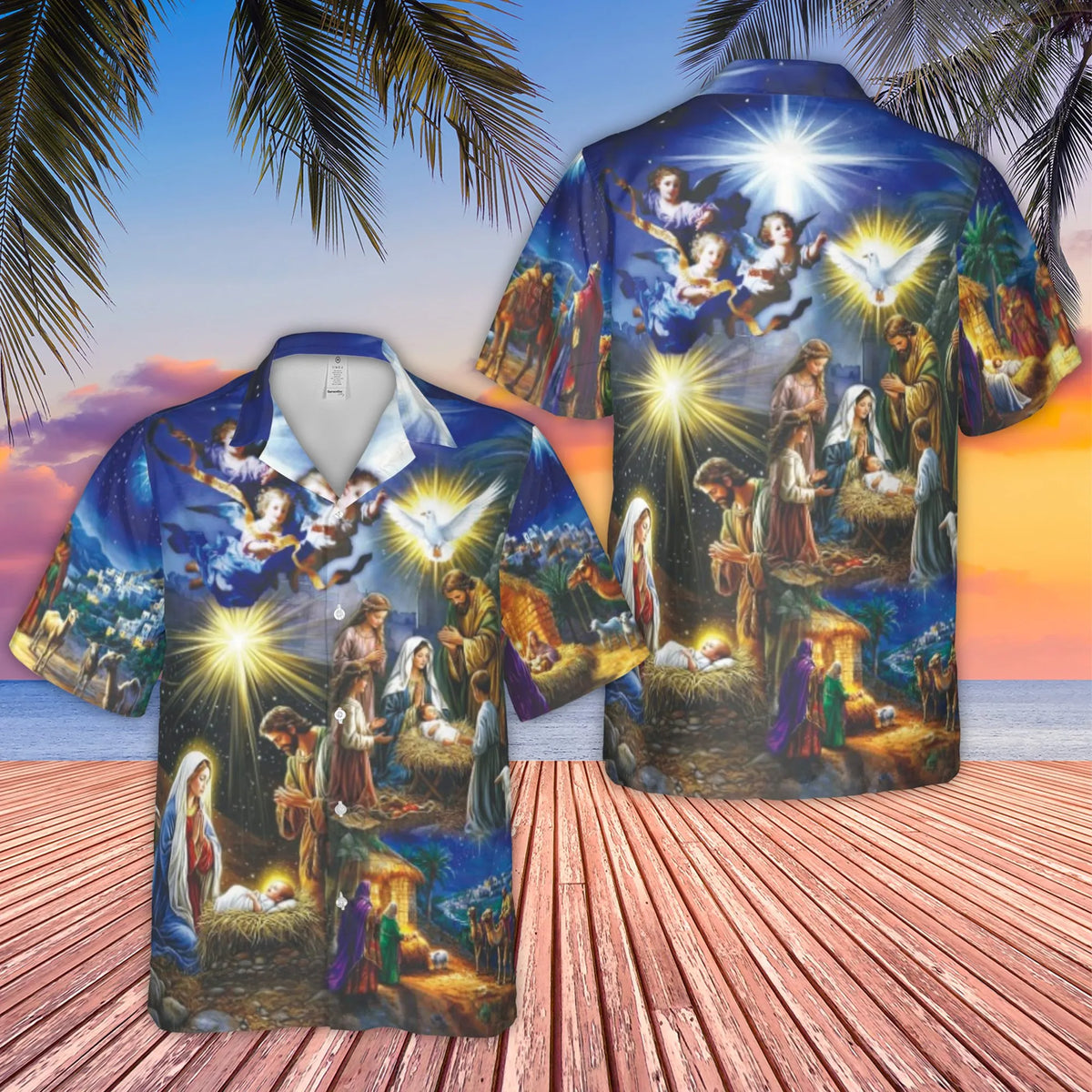 Religious Christmas Aloha Shirt, Nativity Scene Hawaiian Shirt, Birth of Jesus Button Up Shirt, Christian Holiday Beach Shirt