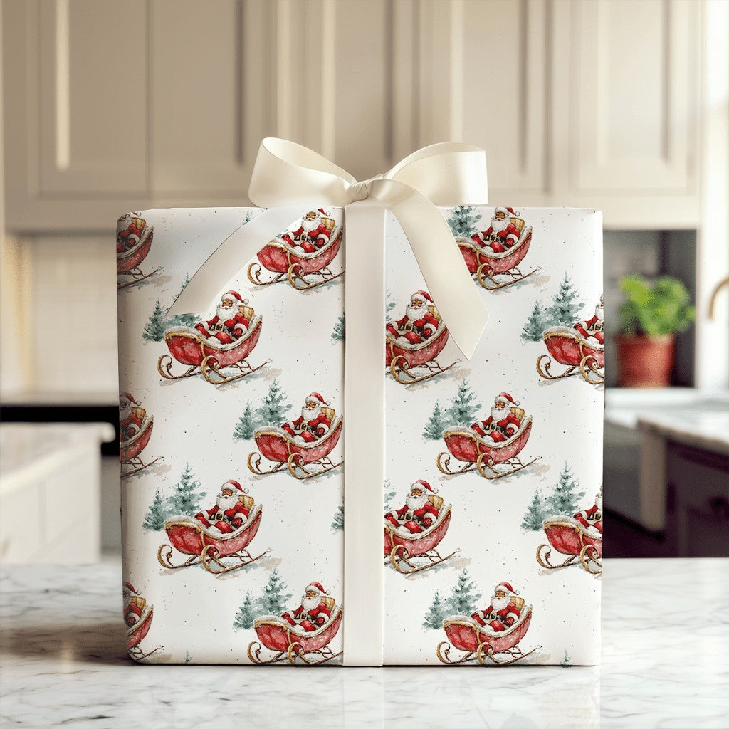 Watercolor Pine Tree Christmas Wrapping Paper, Black Santa Sleigh Wrapping Paper, Inclusive Holiday Gift Wrap, Festive Xmas W