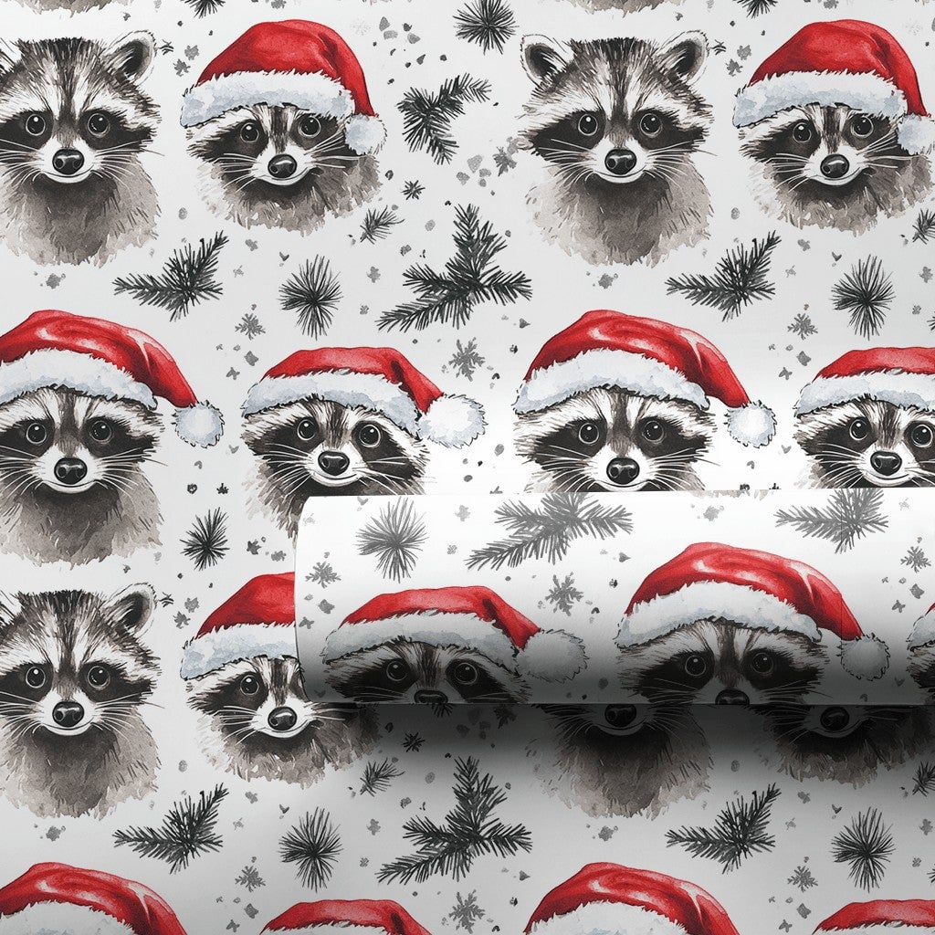 Santa Hat Raccoon Gift Wrap, Christmas Raccoon Wrapping Paper, Woodland Animal Holiday Wrapping Paper, Adorable Watercolor Xm
