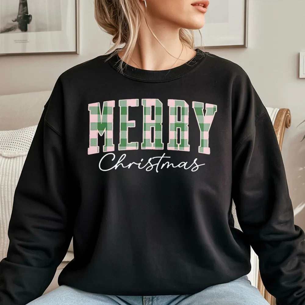 Green Buffalo Plaid Holiday Sweater, Merry Christmas Sweatshirt, Vintage Xmas Lettering Crewneck, Family Winter Pullover