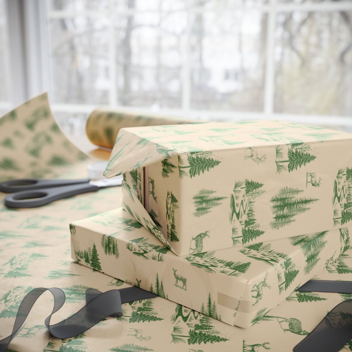 Deer Pine Tree Gift Wrap, Rustic Woodland Wrapping Paper, Forest Animal Christmas Present Paper, Nature Winter Wrapping Paper