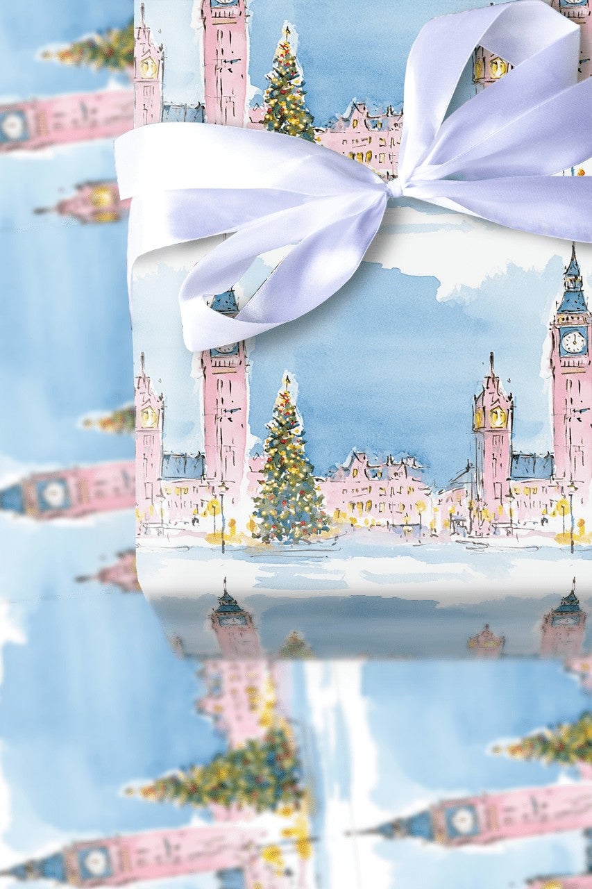 Watercolor Winter Cityscape Gift Wrap, London Big Ben Christmas Wrapping Paper, Festive London Holiday Wrapping Paper, Travel