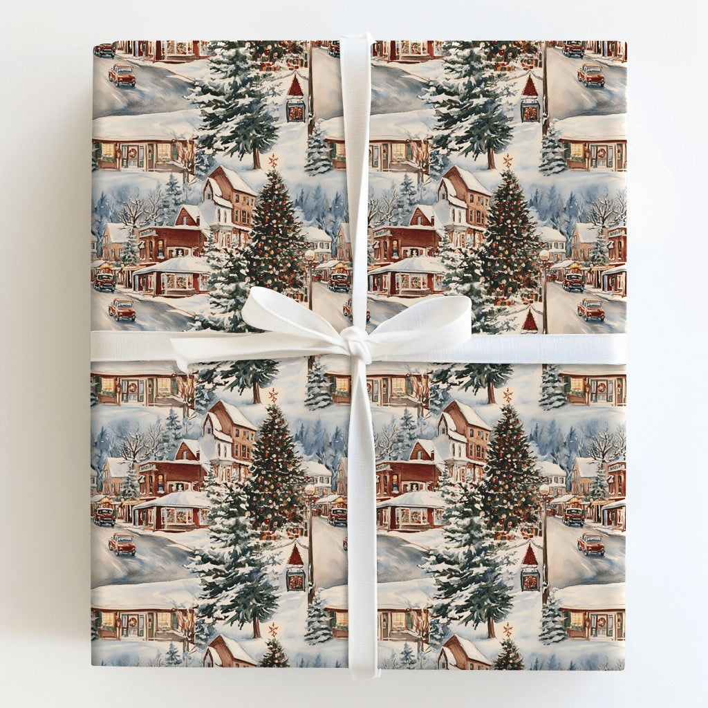 Snowy Town Storefronts Holiday Gift Wrap, Vintage Christmas Village Wrapping Paper, Nostalgic Xmas Wrapping Paper, Festive Wi