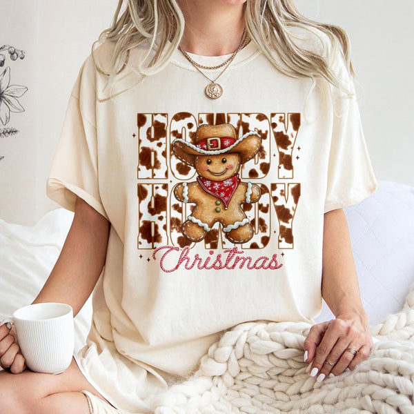 Cow Print Gingerbread Man Shirt, Howdy Christmas T-Shirt, Retro Western Holiday Graphic Tee, Adorable Christmas Tee, Xmas Cow