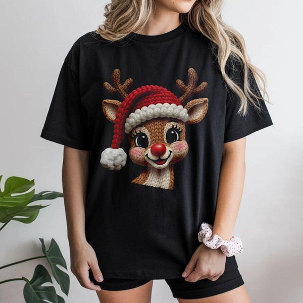 Red Nose Deer Faux Knit Holiday Tee, Reindeer Christmas T-Shirt, Adorable Festive Xmas Graphic Shirt, Holiday Season Family O