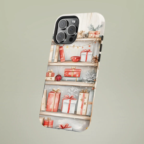 Comfy Holiday iPhone Tough Case, Christmas Bookshelf Phone Case, Watercolor Books and Presents Phone Cover, Christmas Book Lo