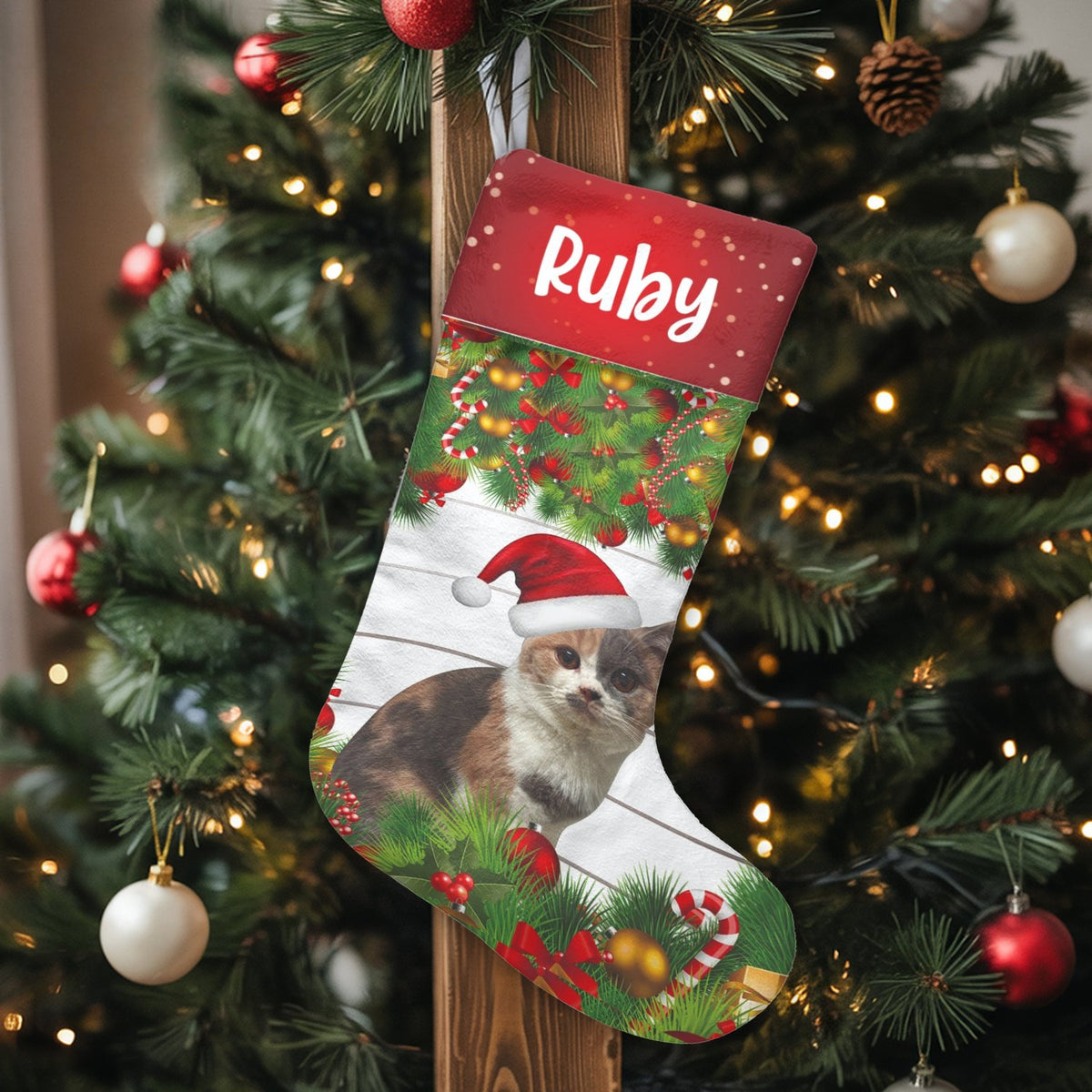 Custom Name Pet Holiday Stocking, Personalized Cat Christmas Stocking, Adorable Kitty Christmas Stocking, Pet Lover Fireplace