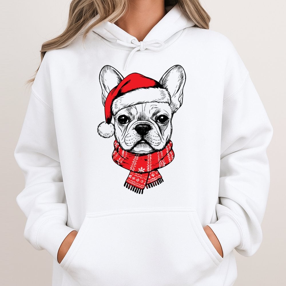 Adorable Santa Hat Frenchie Hoodie, French Bulldog Christmas Hoodie, Humorous Holiday Dog Sweatshirt, Winter Xmas Hooded Pull