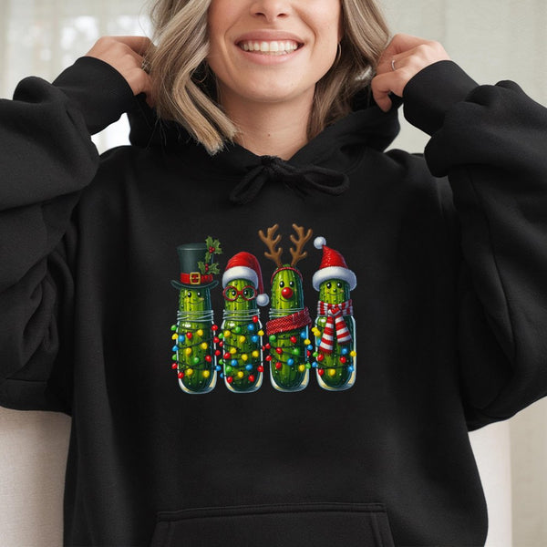 Humorous Holiday Pickle Jar Hoodie, Christmas Pickle Hoodie, Santa Hat Christmas Pickle Hoodie, Adorable Foodie Festive Winte