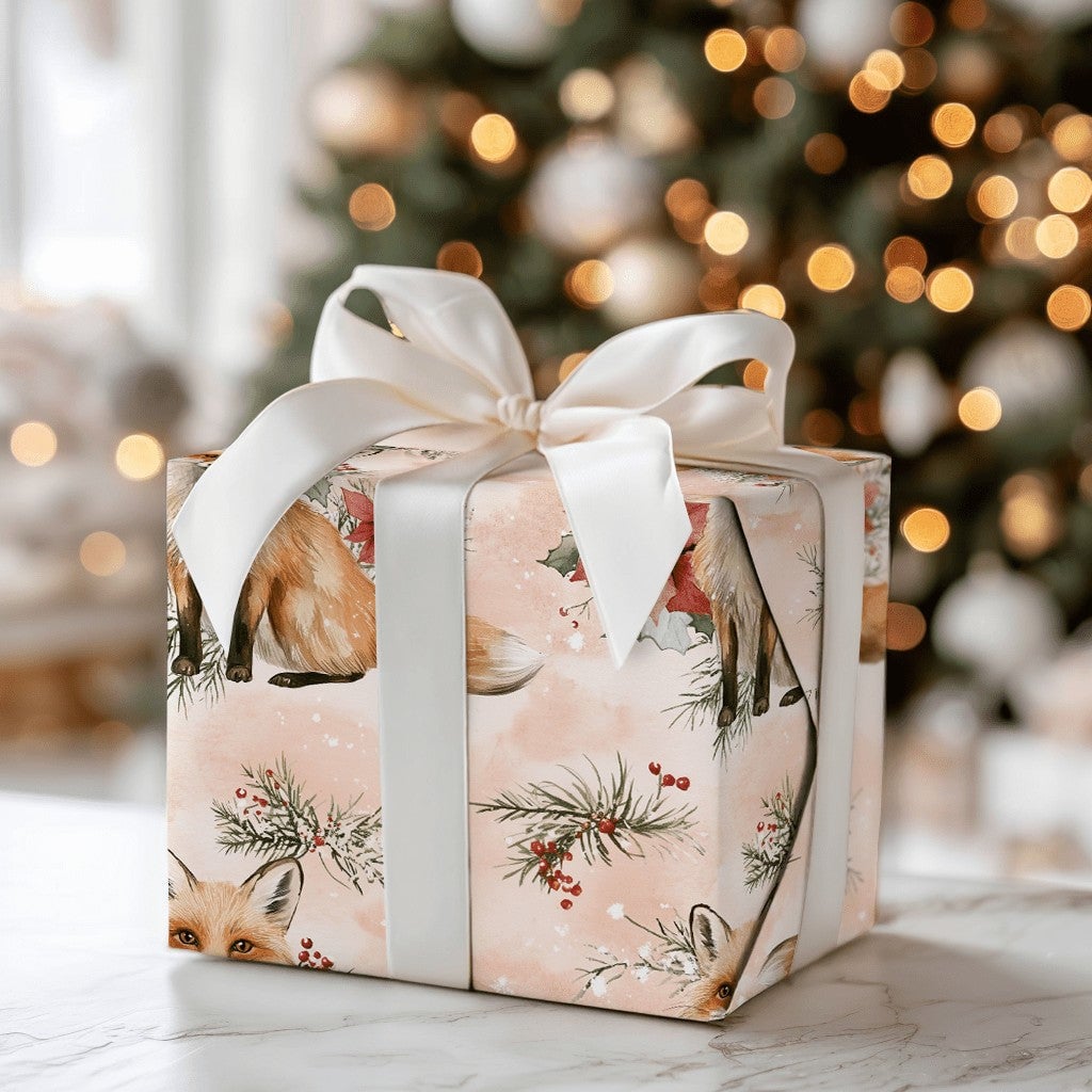 Watercolor Poinsettia Gift Wrap, Winter Fox Wrapping Paper, Woodland Red Fox Wrapping Paper, Christmas Holiday Floral Gift Wr