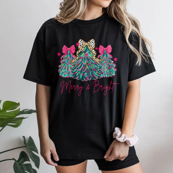 Leopard Bow Christmas Trees Tee, Merry and Bright Christmas Tree Shirt, Pink Christmas Holiday T-Shirt, Womens Xmas Graphic T