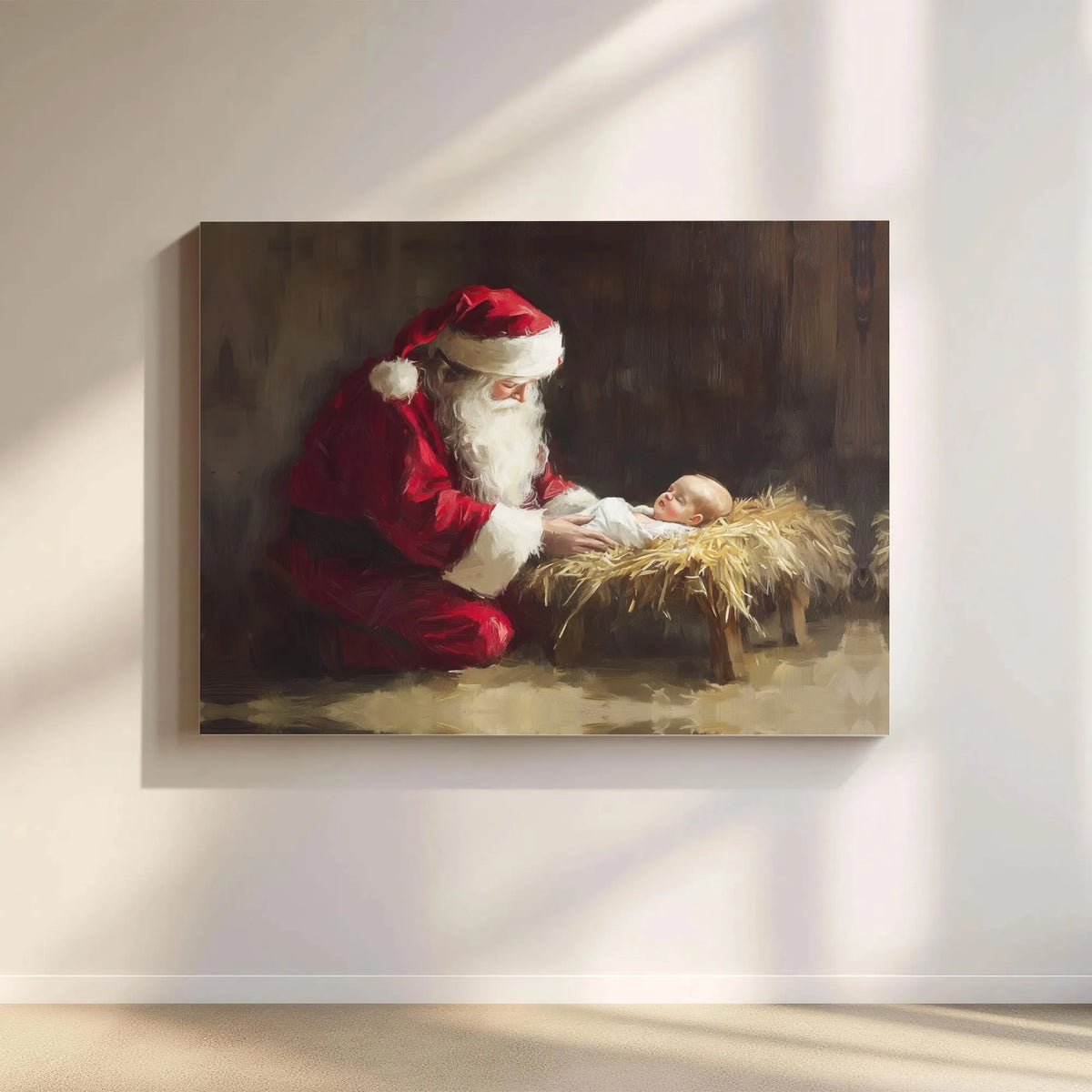 Nativity Canvas Wall Art, Santa Kneeling Before Jesus Canvas, Christian Christmas Canvas Print, Religious Faith Holiday Home 