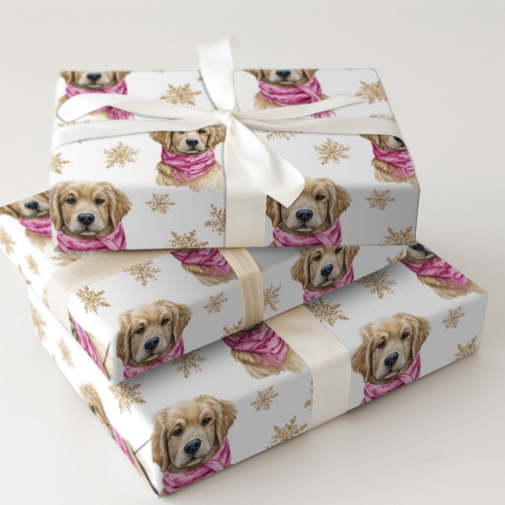 Puppy with Pink Scarf Christmas Gift Wrap, Golden Retriever Wrapping Paper, Watercolor Dog Wrapping Paper, Holiday Pet Gift W