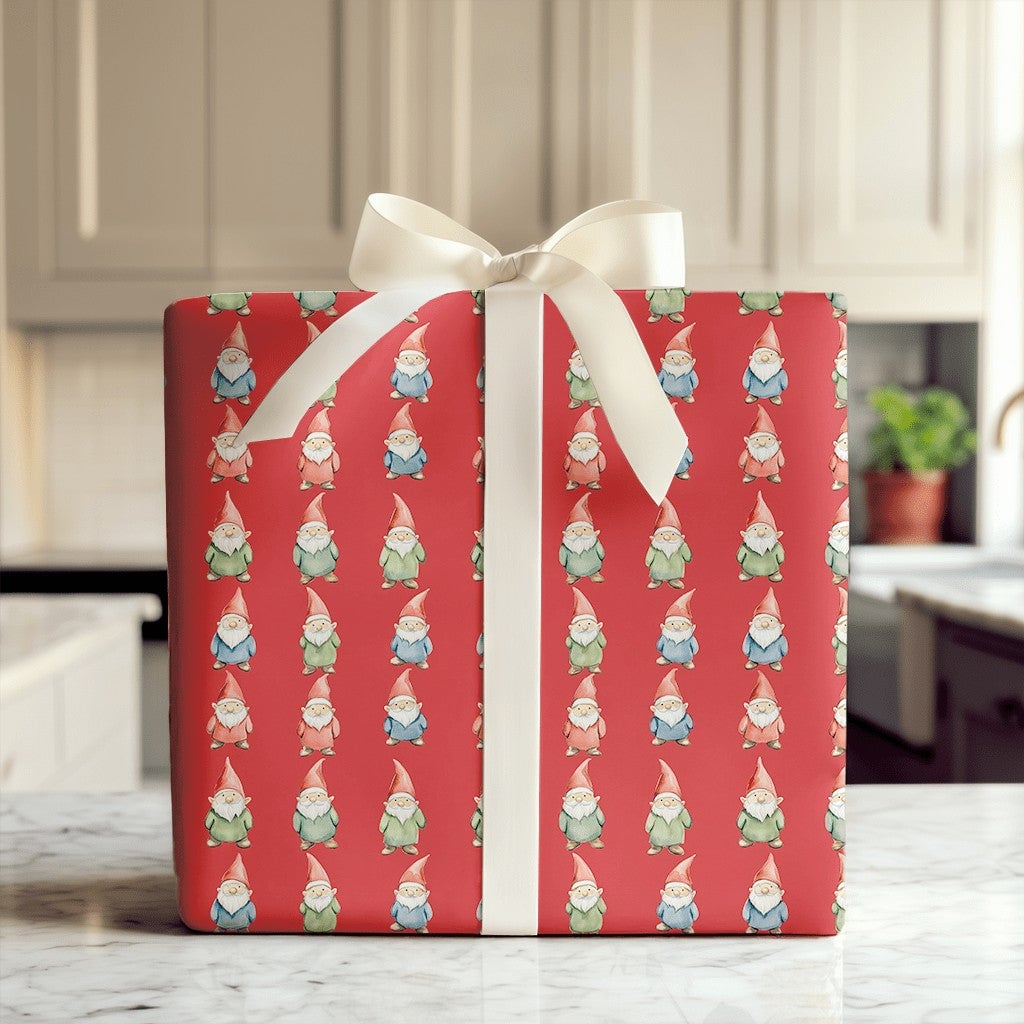 Watercolor Scandinavian Gift Wrap Roll, Red Christmas Gnome Wrapping Paper, Whimsical Holiday Present Paper, Nordic Winter Gi