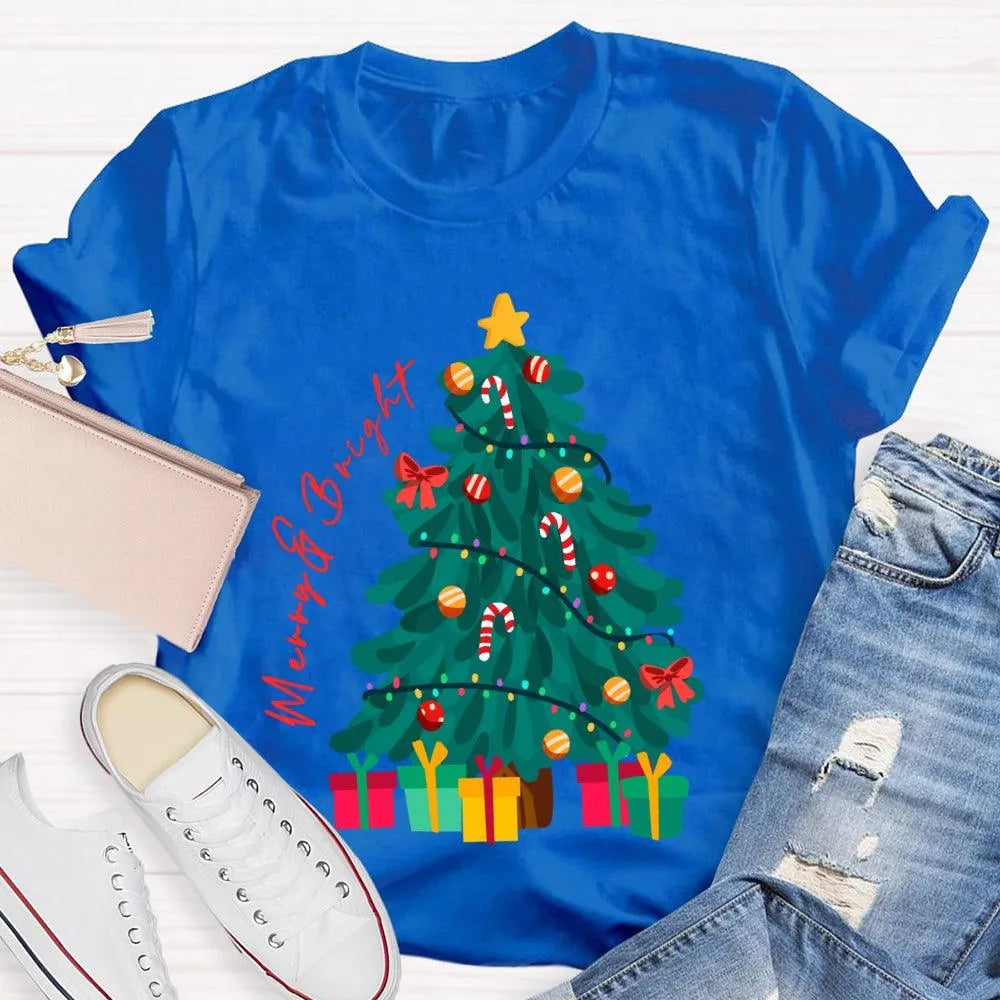 Retro Festive Holiday Graphic Tee, Merry and Bright Christmas Tree T-Shirt, Adorable Xmas Tree Shirt, Winter Holiday Present