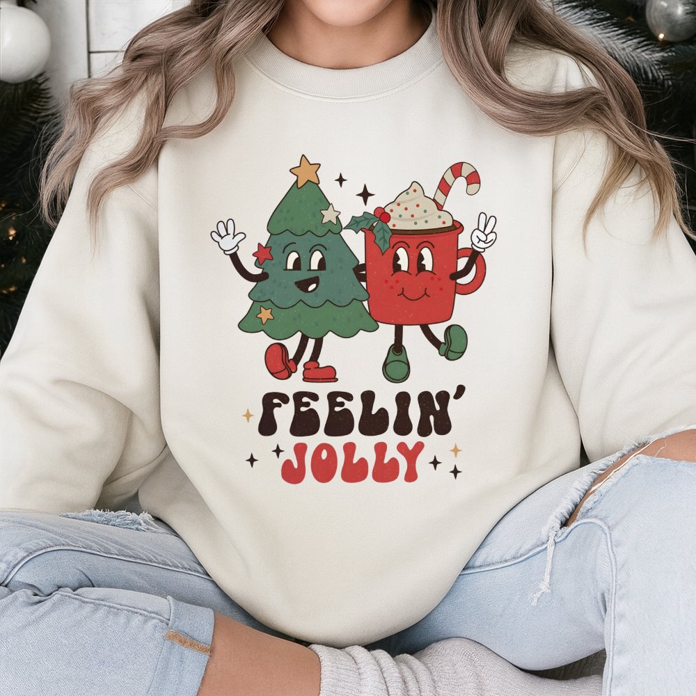 Retro Holiday Tree Sweatshirt, Feelin' Jolly Christmas Sweatshirt, Adorable Hot Cocoa Graphic Crewneck, Vintage Christmas Swe