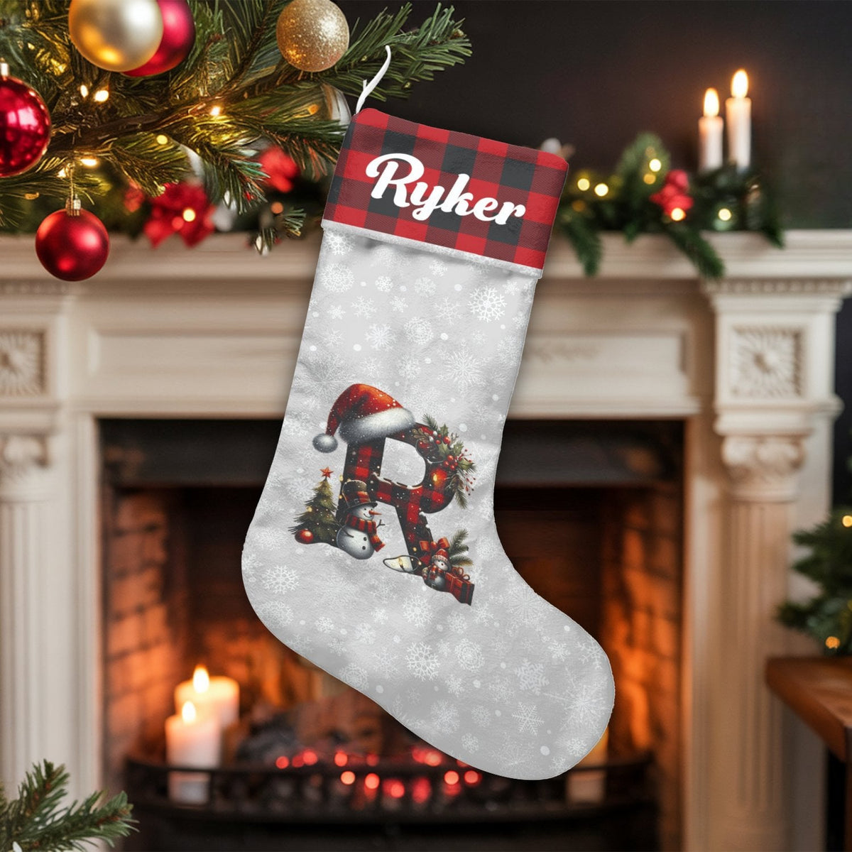 Buffalo Plaid Holiday Stocking, Personalized Monogram R Christmas Stocking, Custom Initial Christmas Stocking, Family Mantel 