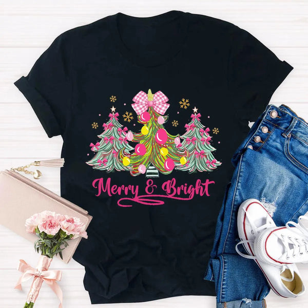 Merry and Bright Holiday Graphic Tee, Bow Christmas Tree Teacher Shirt, Adorable Teacher Christmas T-Shirt, Winter School Hol