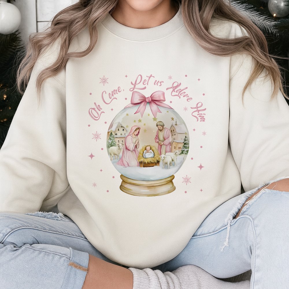 Christian Nativity Snow Globe Crewneck, Oh Come Let Us Adore Him Sweatshirt, Faith Christmas Sweater, Religious Holiday Pullo