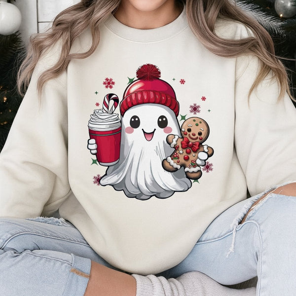 Gingerbread Man Holiday Crewneck, Adorable Christmas Ghost Sweatshirt, Humorous Spooky Xmas Sweater, Retro Christmas Pullover
