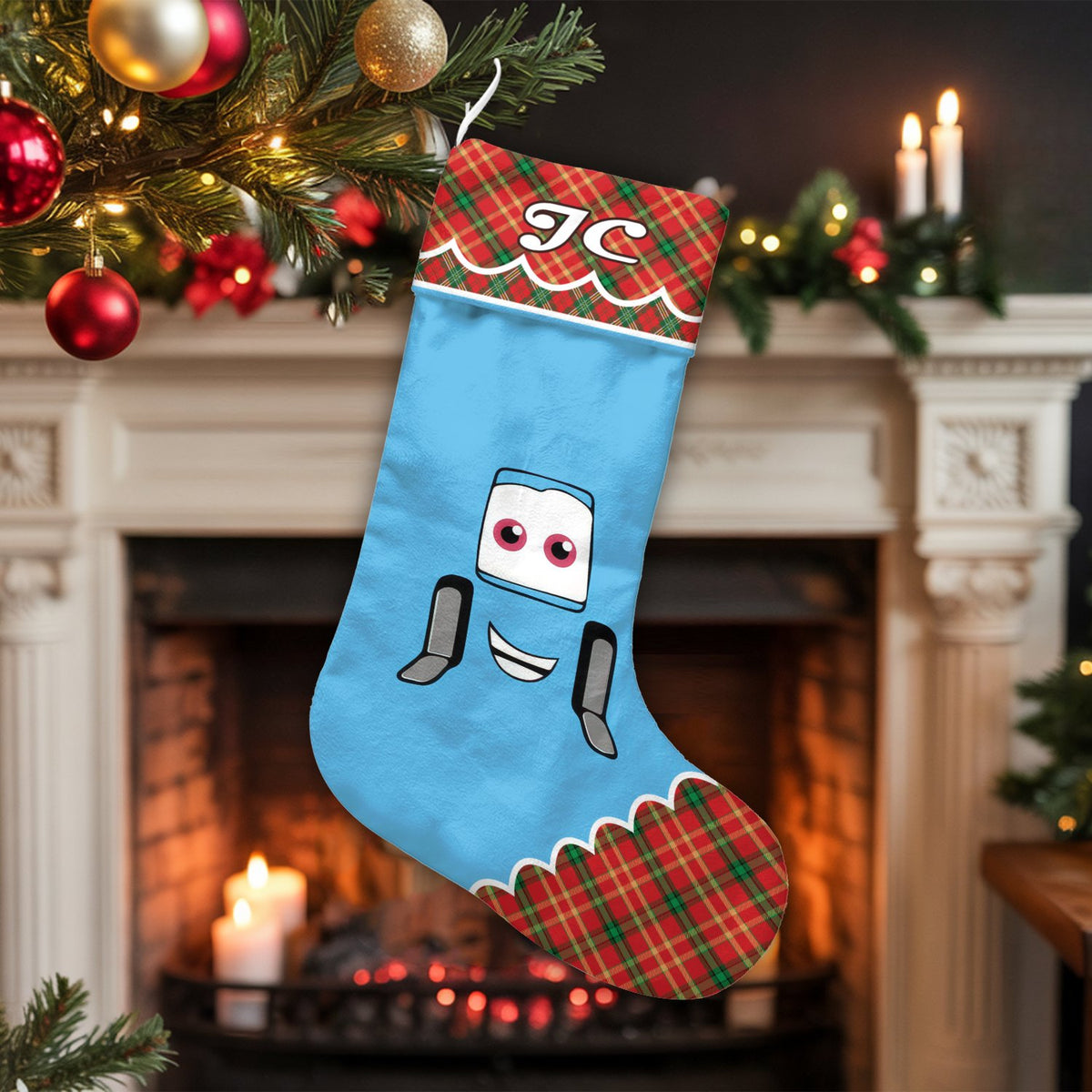 Personalized Plaid Christmas Stocking, Cartoon Car Christmas Stocking, Tartan Kids Holiday Stocking, Custom Name Christmas St