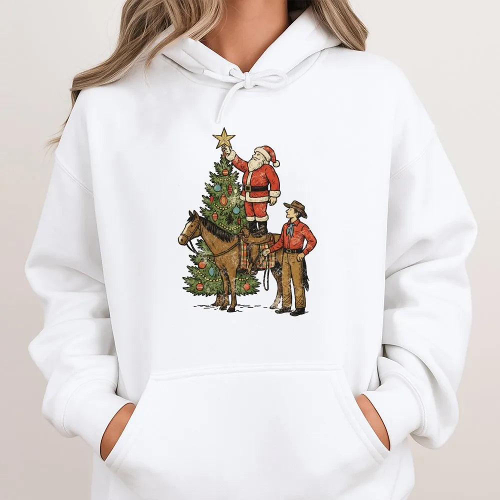 Vintage Santa Horse Hoodie, Western Christmas Cowboy Hoodie, Retro Western Holiday Pullover, Country Xmas Sweatshirt, Holiday