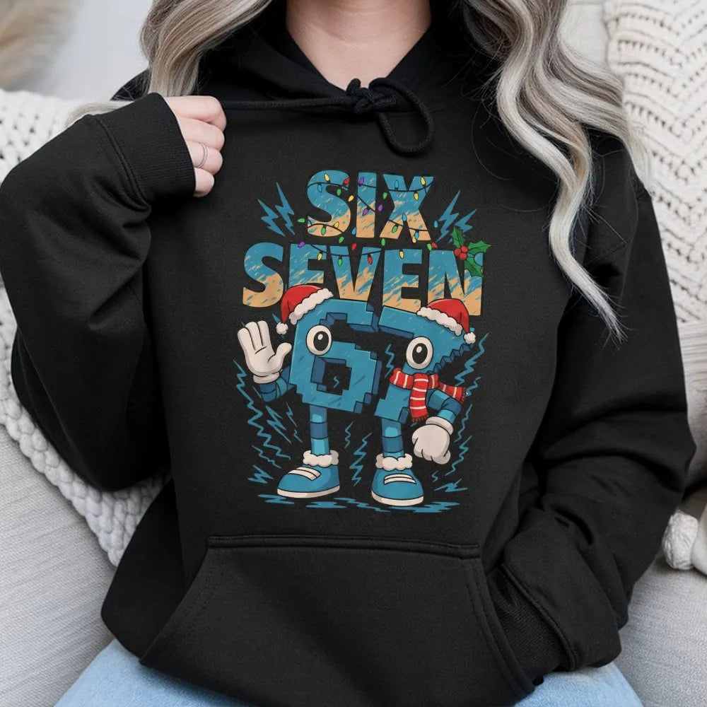 Humorous Brainrot Meme Sweatshirt, Six Seven Christmas Hoodie, Gen Z Holiday Hooded Pullover, Viral Xmas Graphic Hoodie, Teen