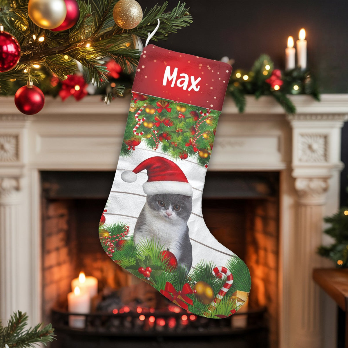 Custom Name Pet Stocking, Personalized Cat Christmas Stocking, Adorable Kitten Christmas Stocking, Pet Lover Fireplace Mantle